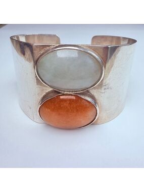 Artisan BIG Orange & Pale Jade Handmade 35mm Wide Sterling Silver Cuff Bracelet